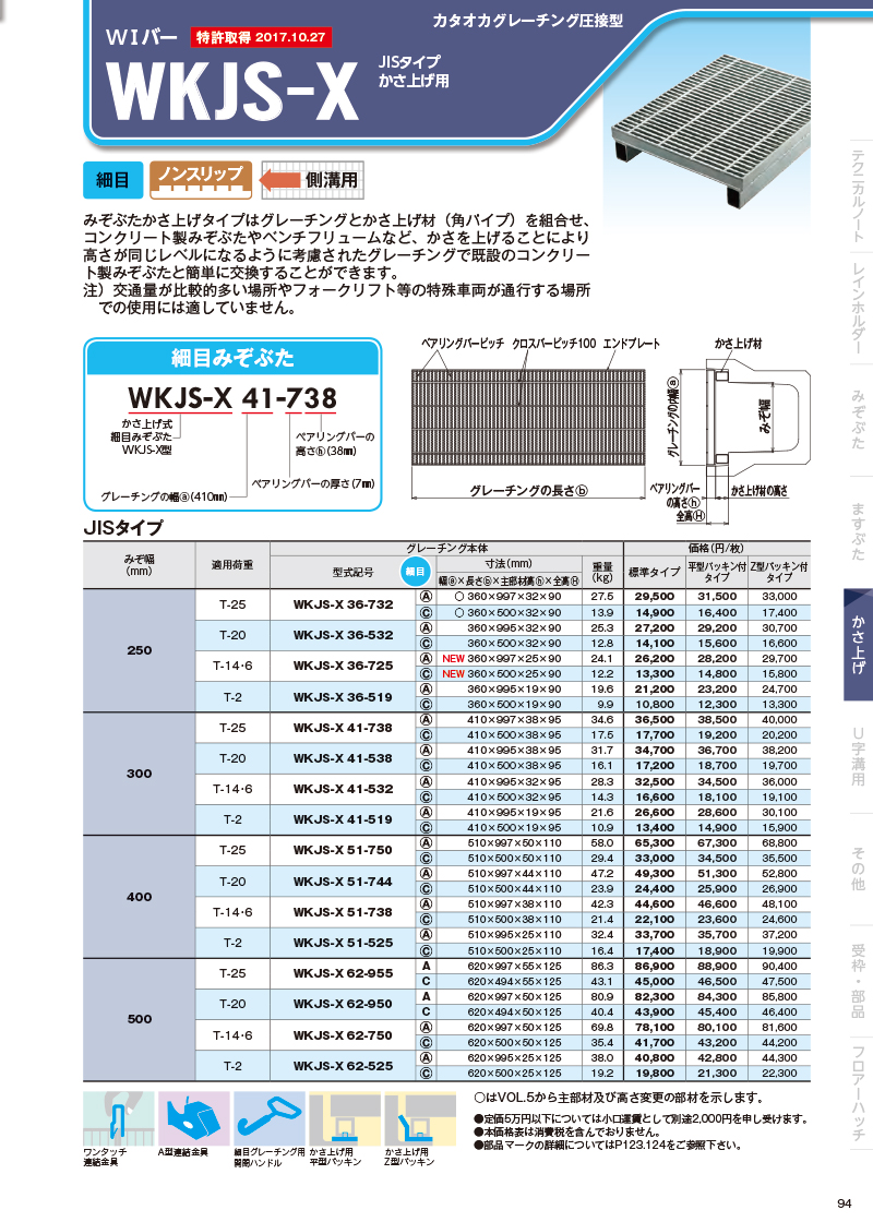 スチールグレーチングWシリーズ｜オンラインカタログ｜片岡産業株式会社：経済性と強度を兼ね備えたグレーチング・鋼製排水溝・車止め製造販売：グレーチング 、ハイスリット製造販売